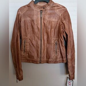 JOUJOU WOMEN'S LARGE BROWN VEGAN LEATHER JACKET ZIPPERS POCKETS NWT